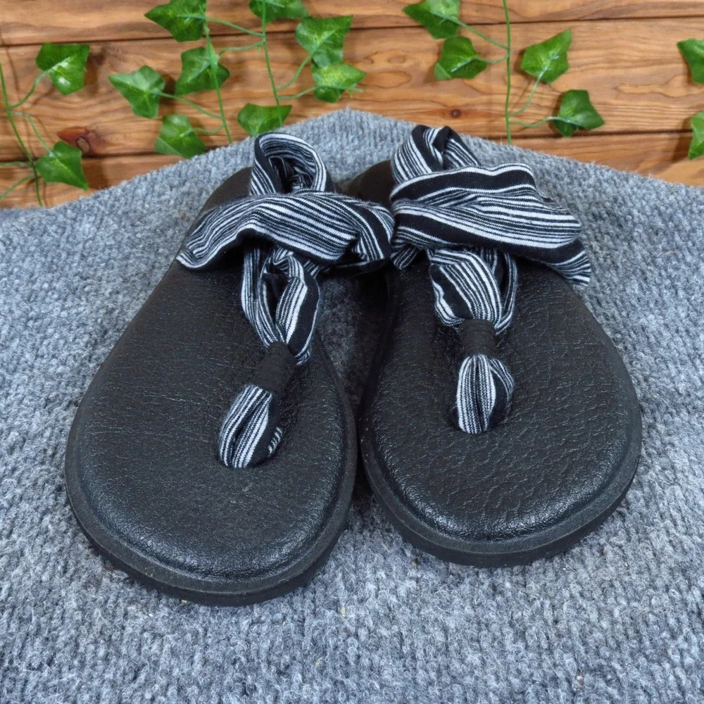 Sanuk Yoga Sling 2 Women Sandal Size 7 Casual Comfort Black‎ White Stripe Fabric